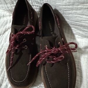 Madden Girl Women’s Brown Suede Boat Shoes with Burgundy Laces